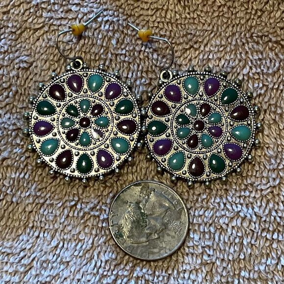 Vintage Lightweight silver, purple, turquoise disc earrings - Picture 2 of 5